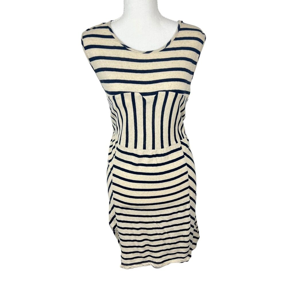 Whit NY Dress Women Medium Beige Navy Striped Sleeveless Linen Blend Casual